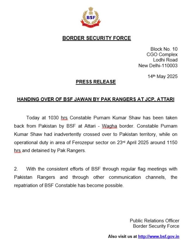 BSF Jawan Purnam Kumar Shaw Handed Over to India: Pakistan Relents Under Indian Pressure